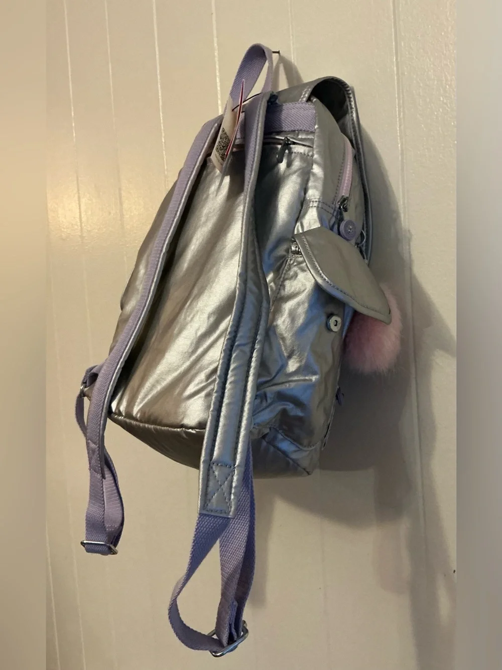 NWT Kipling city pack Metallic Backpack Purple Straps Monkey Zip Pockets Bag
